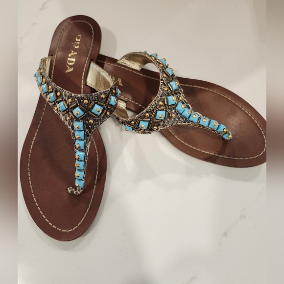 Prada Leather Snakeskin and Turquoise Sandals - Picture 4 of 13